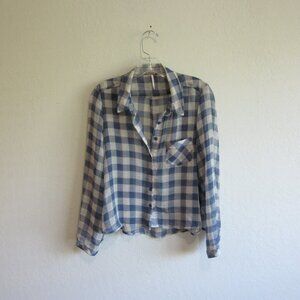 FREE PEOPLE Blue & White Check S Long Sleeve Sheer Button Closure Blouse